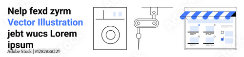 Home washing machine, industrial robotic arm, and an online store layout with text. Ideal for e-commerce, automation, manufacturing, home appliances, web development, technology trends digital