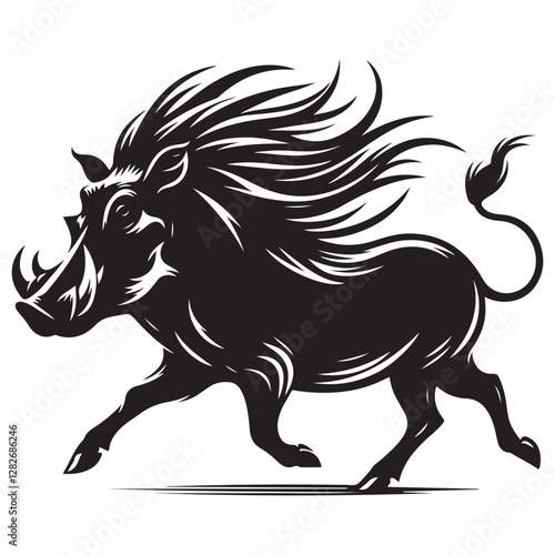 Warthog trotting Silhouette Vector Illustration, Solid White Background.