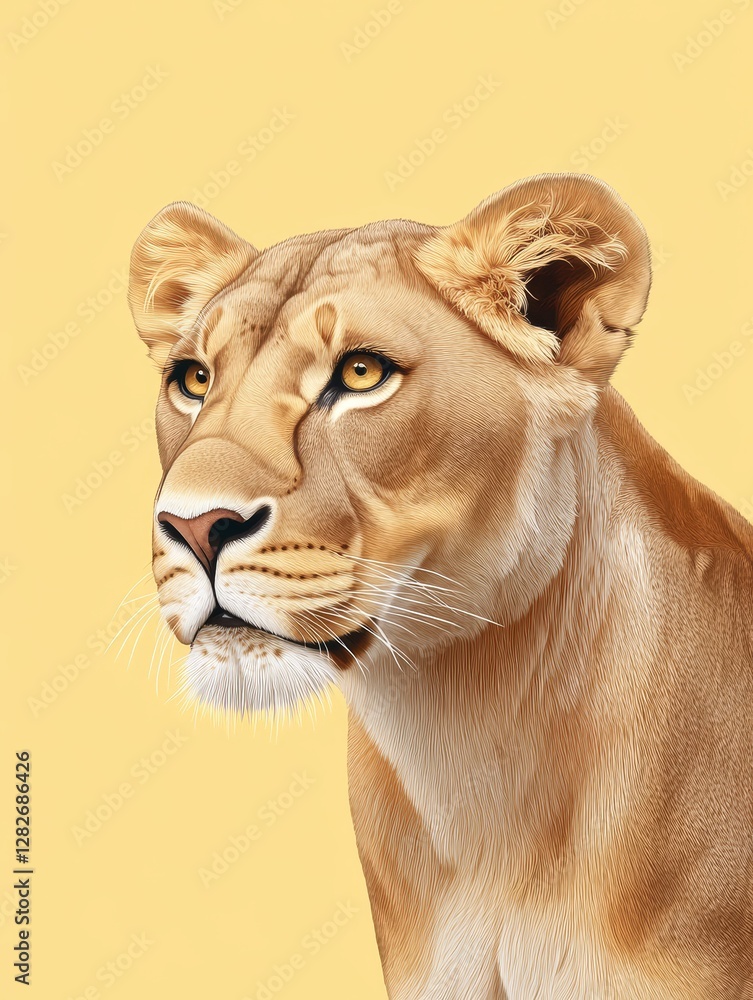 Obraz premium AI Lioness Portrait: Golden Majesty - A regal lioness, AI generated, gazes serenely. Symbolizing strength, grace, wilderness, power, and freedom