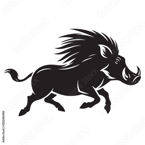 Warthog trotting Silhouette Vector Illustration, Solid White Background.