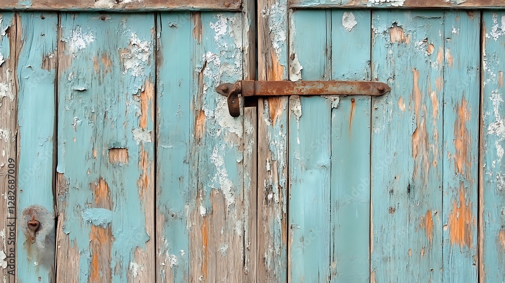 Rustic Charm: Weathered Blue Wooden Door with Rusty Hinge Rustic Charm: Weathered Blue Wooden Door with Rusty Hinge