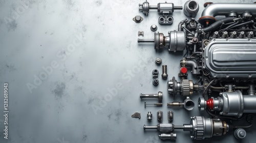 Peças de mecânica de automóvel com fundo texturizado, cor prata
