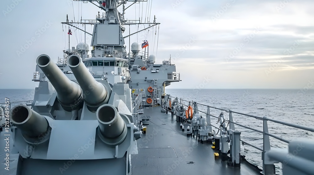 © Ratchadaporn - Dramatic Close up of a Heavily Armored Naval Gun Turret on a Powerful Battleship with Striking Lighting and Shadows Highlighting its Formidable Presence and Firepower