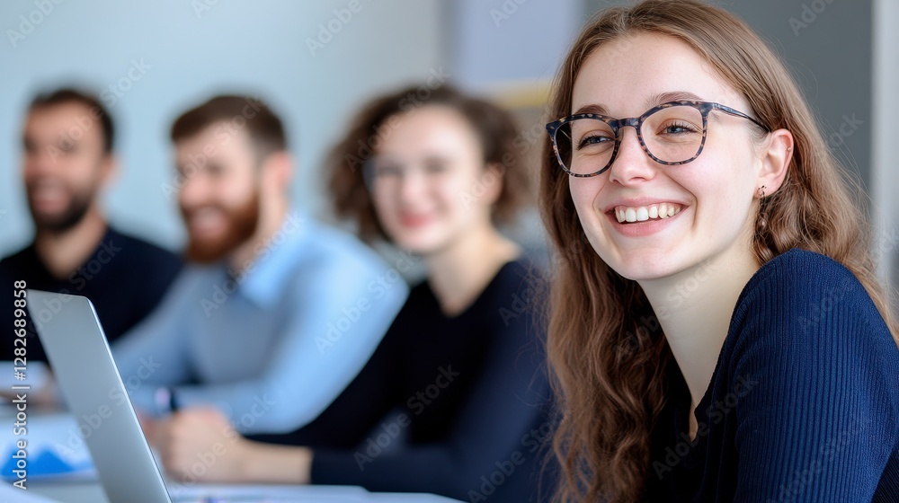 Smiling Young Woman with Colleagues in a Bright Office Meeting Smiling Young Woman with Colleagues in a Bright Office Meeting