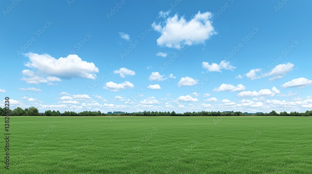 Fototapeta premium Vast Green Field Under a Bright Blue Sky with Fluffy White Clouds