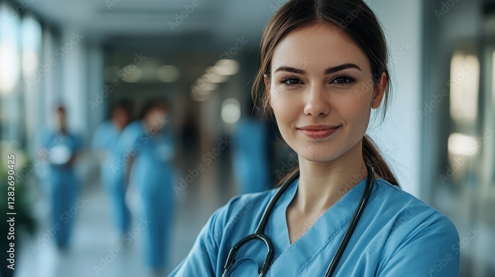 Confident female healthcare professional in scrubs smiling in modern hospital environment with medical staff in background Confident female healthcare professional in scrubs smiling in modern hospital environment with medical staff in background