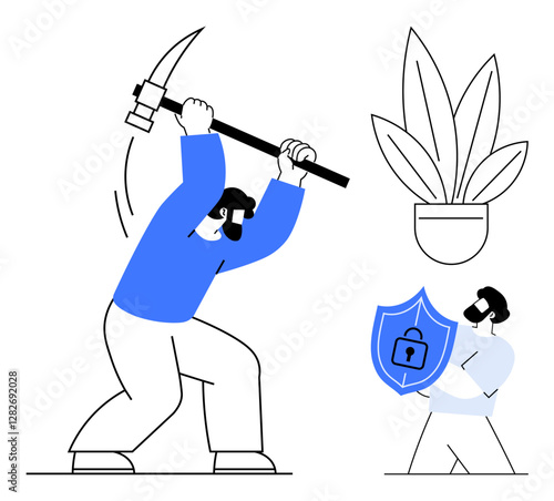 Man swinging pickaxe, another man holding protective shield with padlock, nearby potted plant. Ideal for security, protection, cybersecurity, mining, growth, investments business strategies