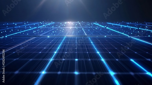 Futuristic wireframe solar panels with blue neon glow in a 3D rendering of sustainable energy technology

