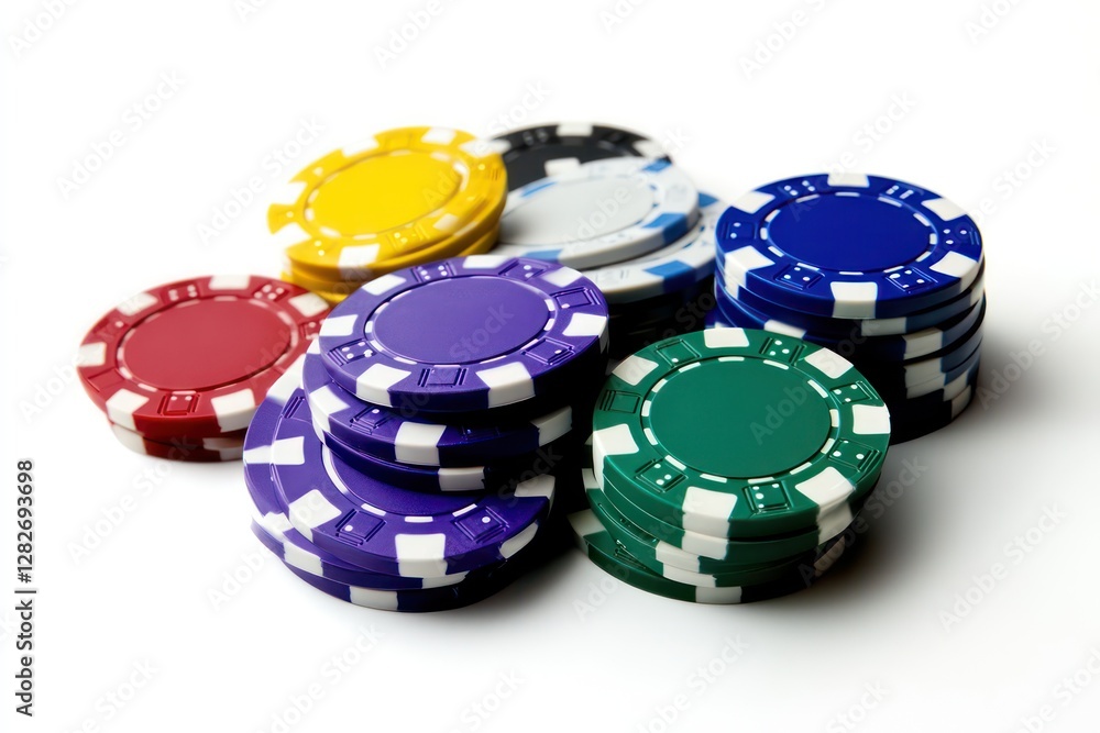 A collection of different-sized poker chips in bright colors, isolated on a white background. A collection of different-sized poker chips in bright colors, isolated on a white background.