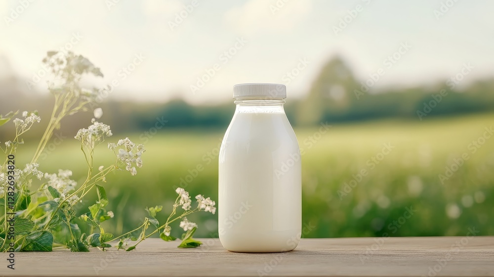 Fresh Yogurt Bottle on Wooden Table in Sunny Field - A bottle of fresh yogurt sits on a rustic wooden table, bathed in sunlight. It symbolizes purity, natural goodness, health, freshness Fresh Yogurt Bottle on Wooden Table in Sunny Field - A bottle of fresh yogurt sits on a rustic wooden table, bathed in sunlight. It symbolizes purity, natural goodness, health, freshness