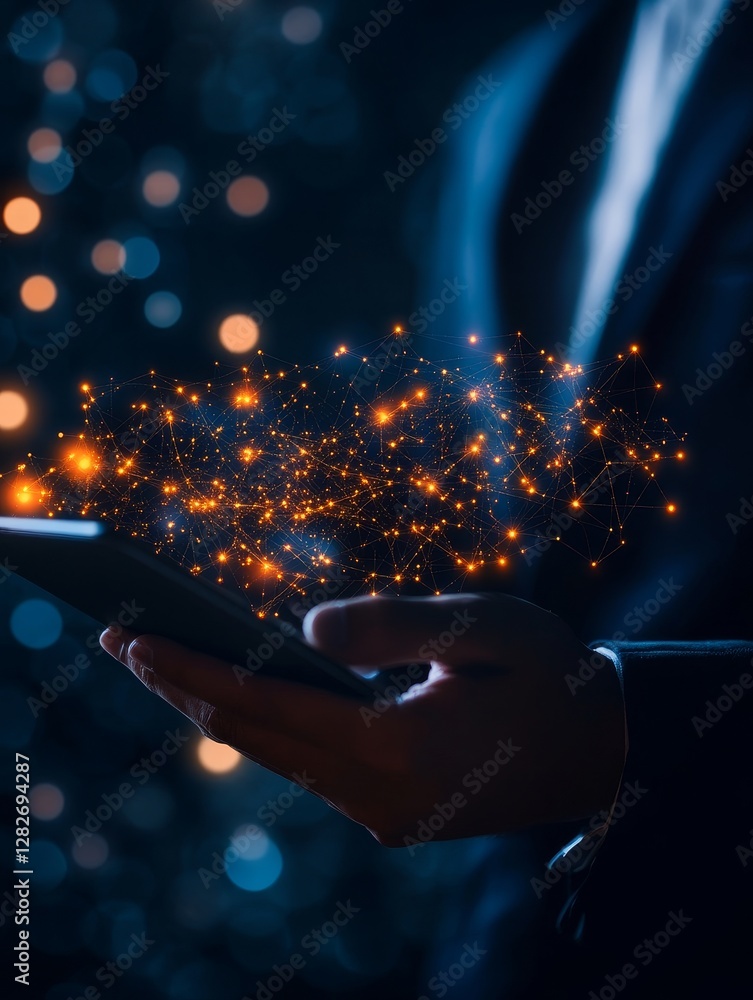 Global Network Connection - Hand holding tablet, glowing network connections above. technology, global communication concept Global Network Connection - Hand holding tablet, glowing network connections above. technology, global communication concept