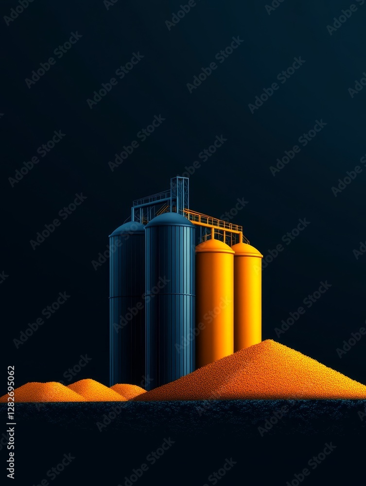 Obraz premium Grain Silo Storage Facility at Night - Illuminated grain silos stand against a dark background, surrounded by piles of grain. Industrial, agricultural, and storage concepts