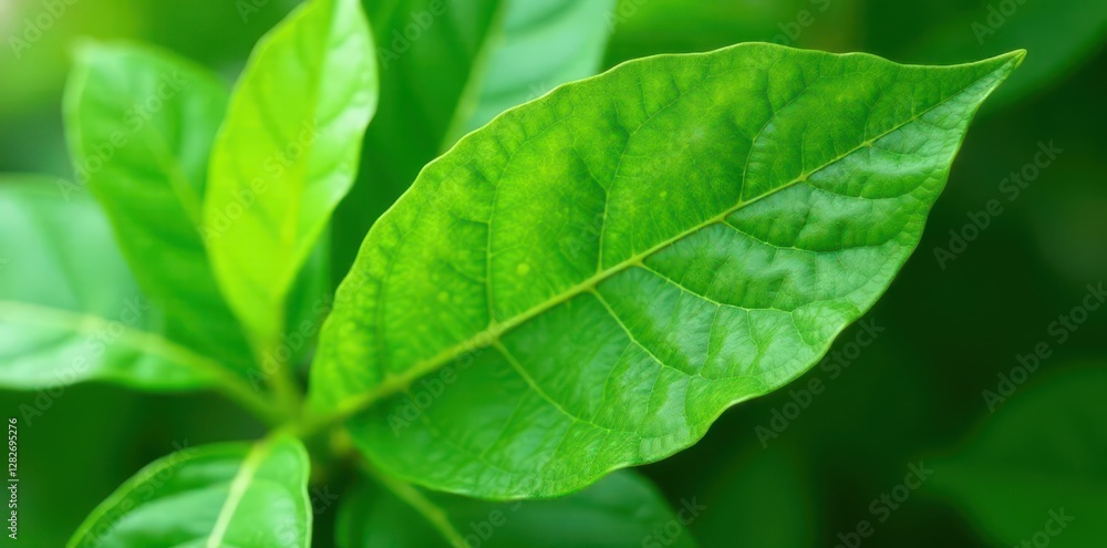 Obraz premium Single vibrant green cocoa leaf, crisp detail, isolated , green, sharp