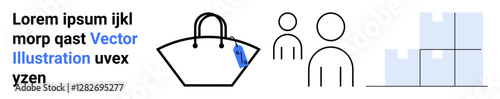 Shopping bag with tag, two people, storage shelves. Ideal for retail, logistics, e-commerce, market research, fashion, consumer behavior flat landing page banner
