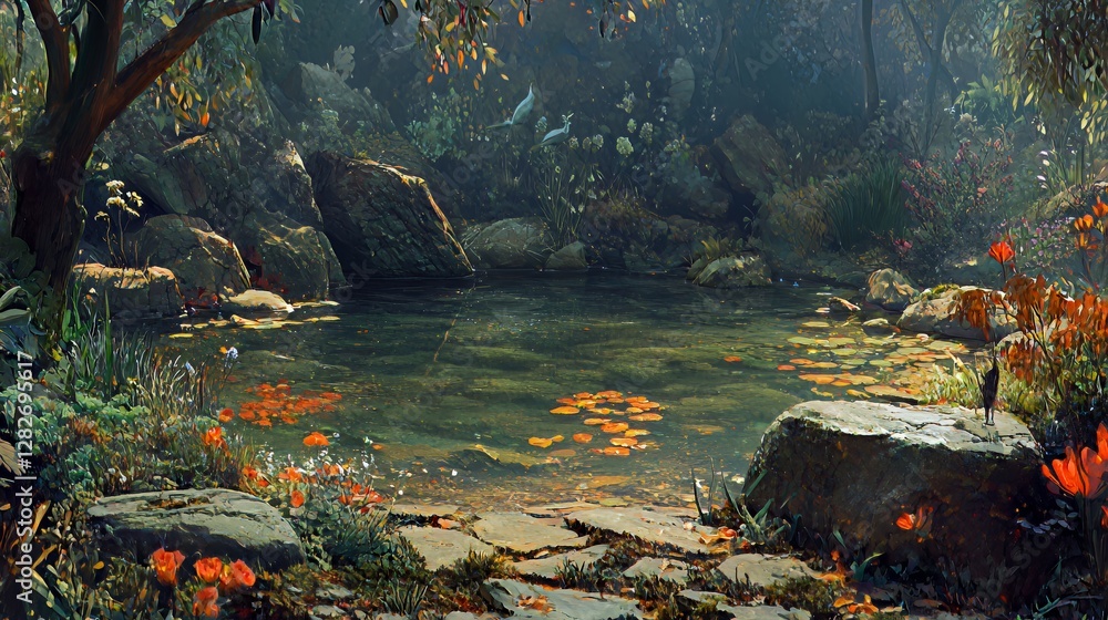 Fototapeta premium Serene Forest Pond with Sunlight and Autumn Leaves