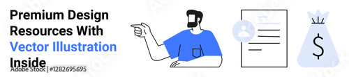 Man pointing at paper document and money bag symbolizing financial growth and resource accessibility. Ideal for business, finance, marketing, design, economic planning, consultation, flat landing
