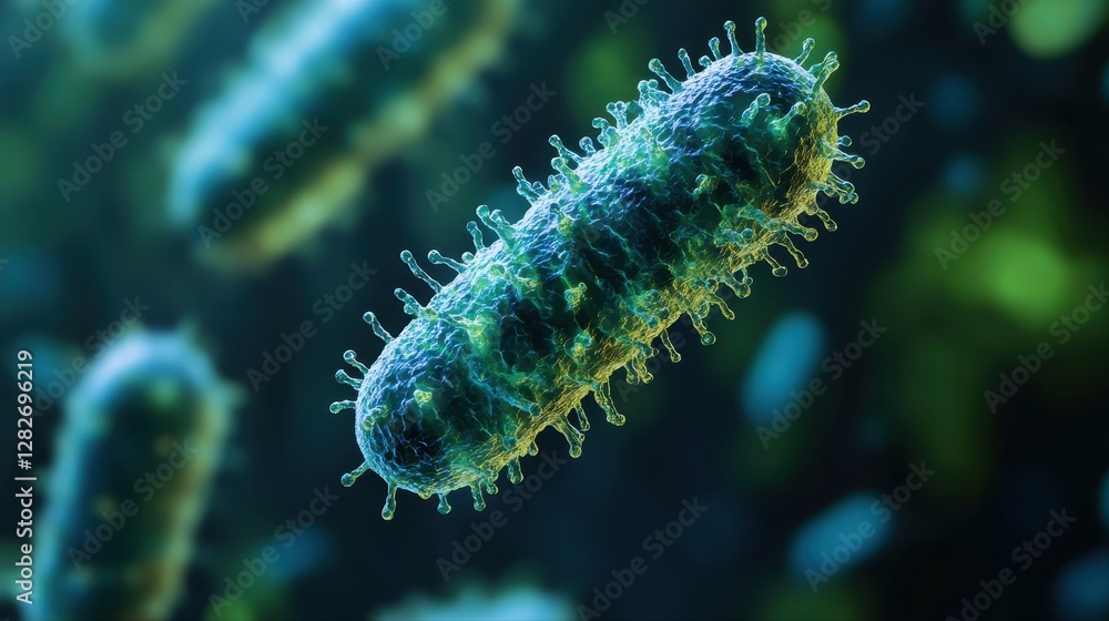 Naklejka premium Detailed microscopic view of vibrant bacteria with intricate structure and colorful surface in natural habitat