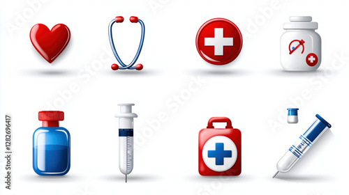 A vector icon set of healthcare, cartoon doctor and nurse with medical icons set