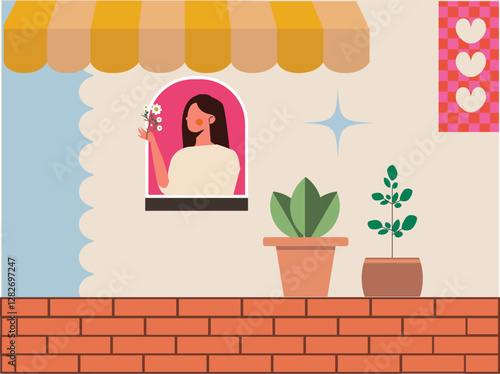 girl neighbour cafe. girl holding flower. window frame plants vector illustration