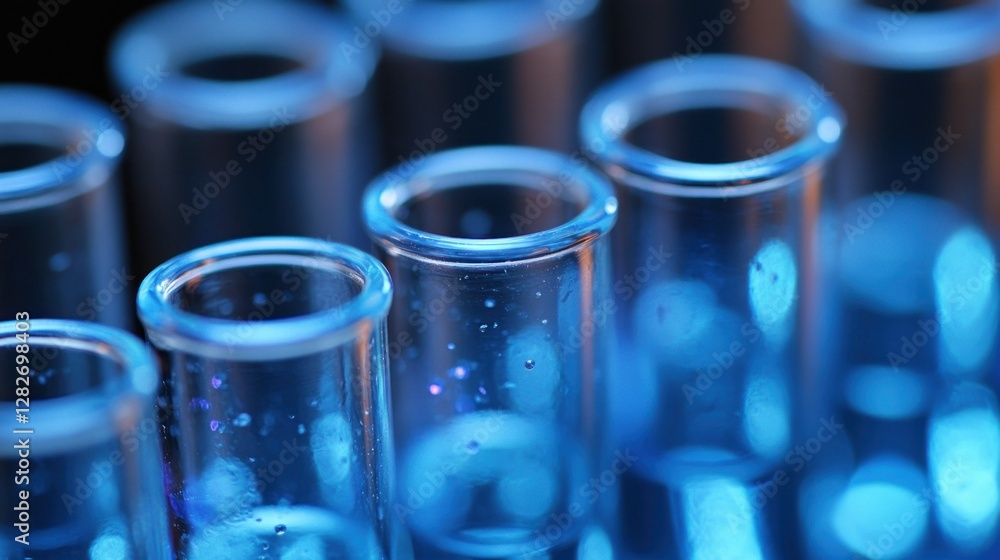 Blue liquid in test tubes, lab research, science background Blue liquid in test tubes, lab research, science background