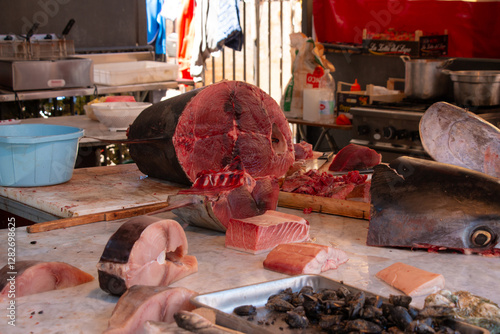 Fresh Tuna being Sold at Market Ballaro Sicily Italy 