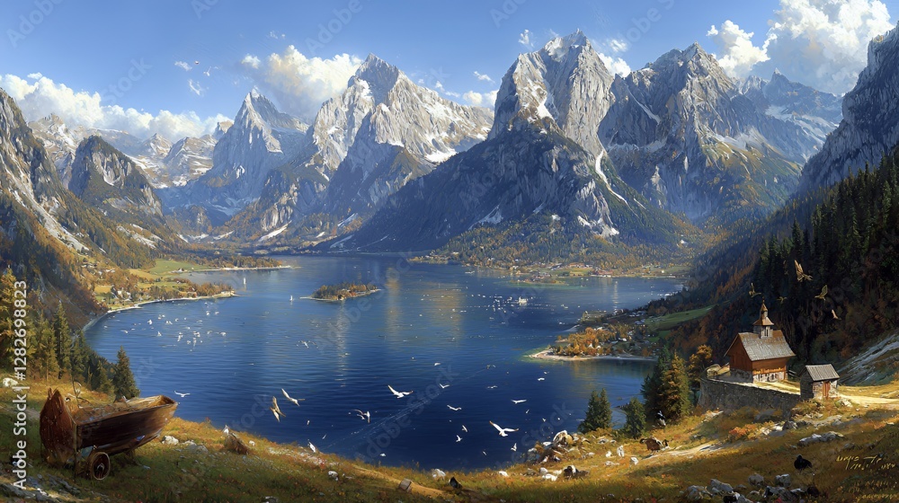 Fototapeta premium Picturesque Alpine Lake Landscape with Snow Capped Mountains