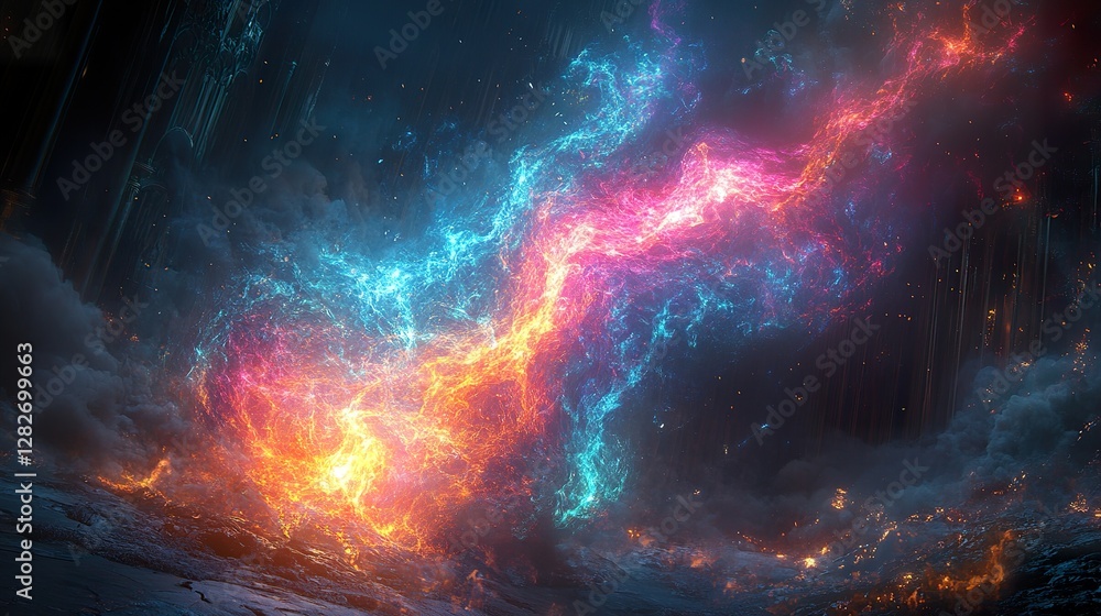 Fototapeta premium Vibrant cosmic nebula explodes with color over a desolate landscape