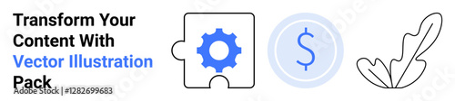 Puzzle piece with gear, dollar coin, and abstract feather representing teamwork, innovation, finance, creativity, and balance. Ideal for business, tech marketing startups economy education flat