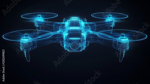 Futuristic wireframe drone with holographic neon blue glowing edges in a digital blueprint style on a dark background

