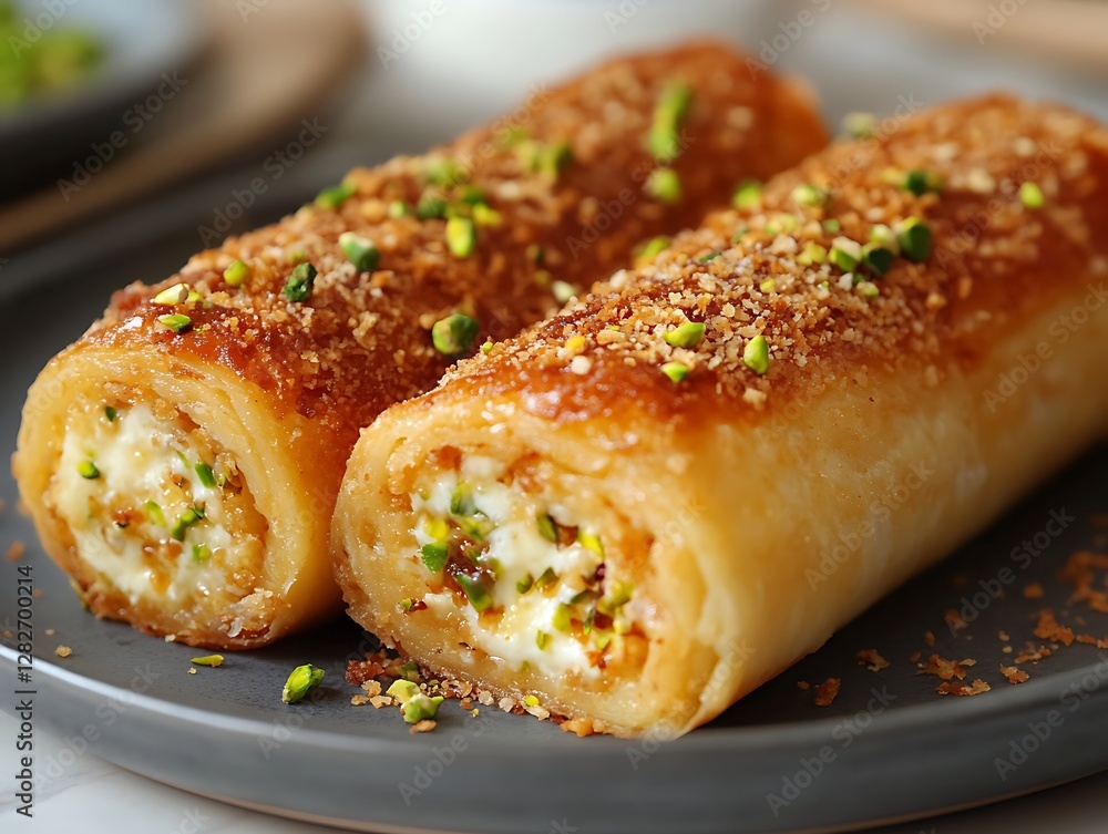 Sweet Pastry Rolls, Close-up, on Plate, Background Blur Sweet Pastry Rolls, Close-up, on Plate, Background Blur