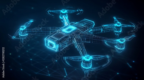 Futuristic wireframe drone with holographic neon blue glowing edges in a digital blueprint style on a dark background

