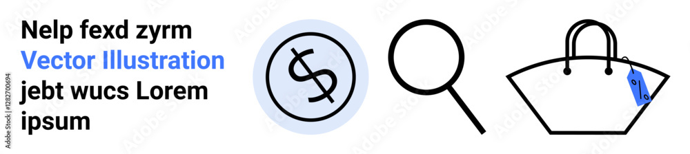 Dollar symbol with circular outline, magnifying glass, and minimalist shopping bag. Ideal for online shopping, financial search, marketing, retail, budgeting, price analysis flat landing page banner Dollar symbol with circular outline, magnifying glass, and minimalist shopping bag. Ideal for online shopping, financial search, marketing, retail, budgeting, price analysis flat landing page banner