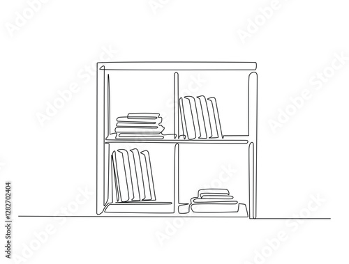 Continuous line art drawing of bookshelf furniture illustration. Shelves and books in one line drawing vector illustration. Editable stroke.