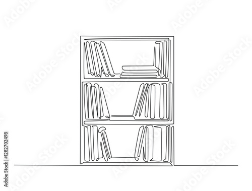 Continuous line art drawing of bookshelf furniture illustration. Shelves and books in one line drawing vector illustration. Editable stroke.