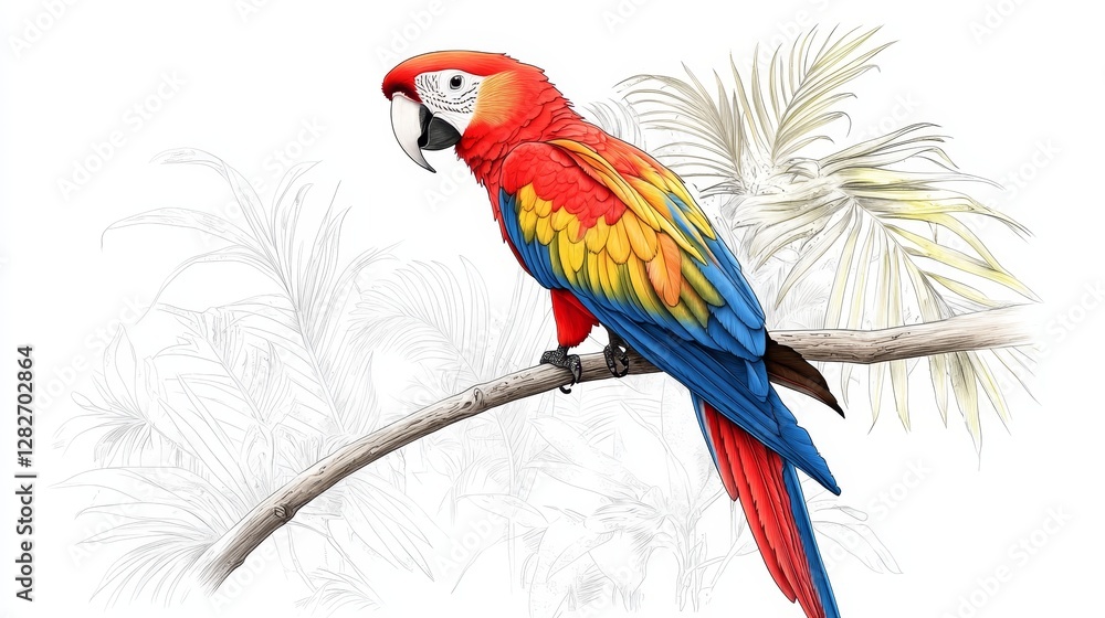 Obraz premium Scarlet Macaw on Branch - A vibrant scarlet macaw perched on a branch, set against a sketched background of palm fronds. The bird's plumage is detailed and colorful