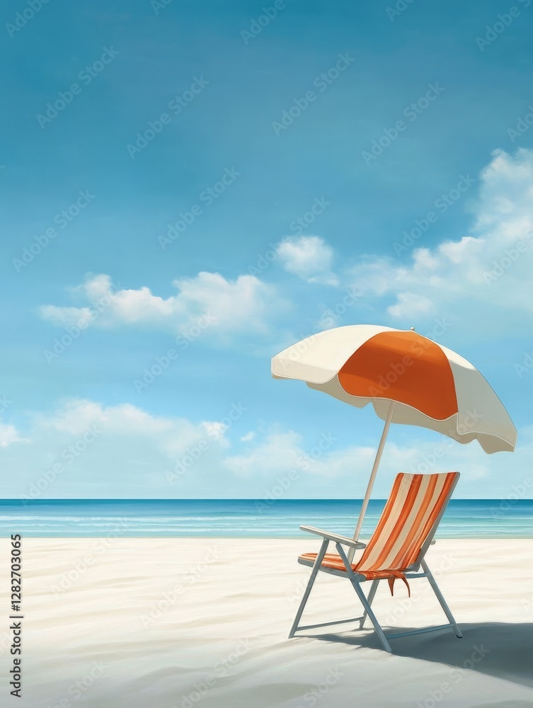 Serene Beach Scene: Chair and Umbrella - Peaceful beach scene, symbolizing relaxation, escape, summer vacation, tranquility Serene Beach Scene: Chair and Umbrella - Peaceful beach scene, symbolizing relaxation, escape, summer vacation, tranquility
