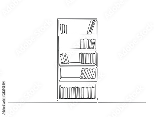 Continuous line art drawing of bookshelf furniture illustration. Shelves and books in one line drawing vector illustration. Editable stroke.