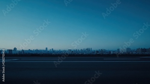 City skyline at dawn viewed from empty road.