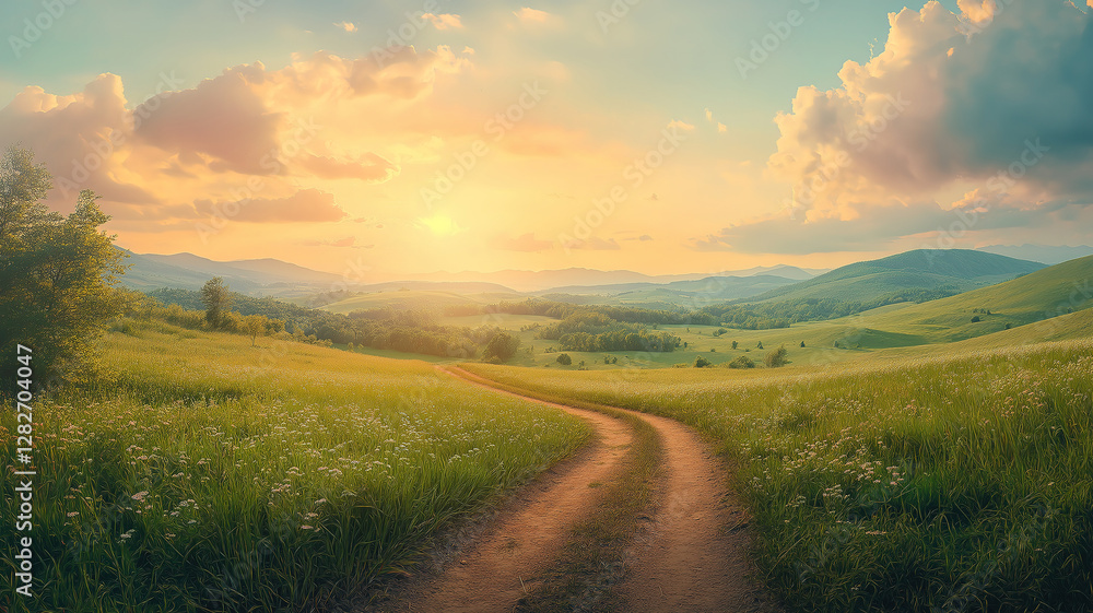 Fototapeta premium Summer sunset over a green field with a dirt path, creating a serene rural landscape