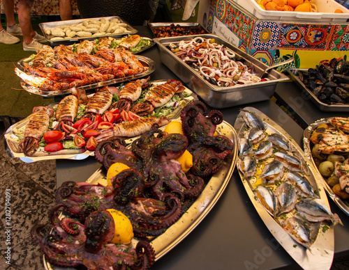 Seafood on Display at Ballaro Market Sicily Italy 