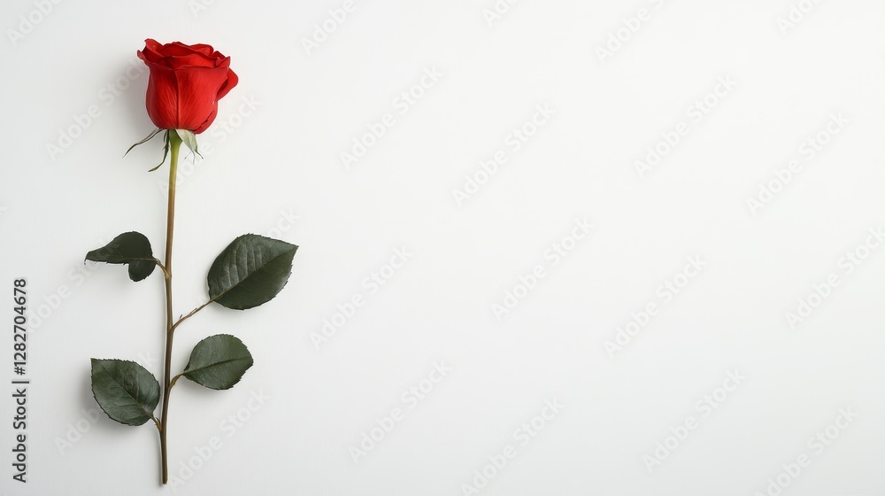 Obraz premium Single Red Rose on White - A single red rose, symbol of love, beauty, passion, romance, and purity, elegantly rests on a pristine white background