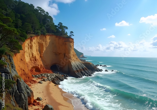 Stunning coastal cliff with cave, turquoise ocean waves crashing on sandy beach under a vibrant blue sky. Breathtaking view! photo