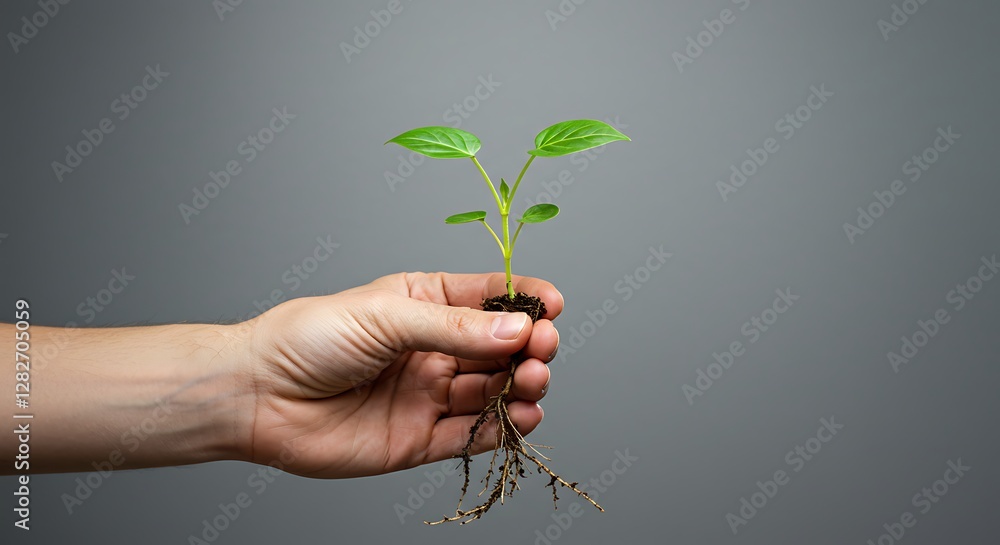 Holding Young Plant Seedling with Roots in Hand Ready for Planting Holding Young Plant Seedling with Roots in Hand Ready for Planting
