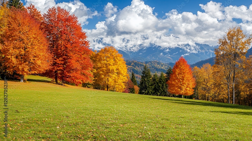 Vibrant Autumn Landscape with Red and Yellow Trees on a Sunny Day Vibrant Autumn Landscape with Red and Yellow Trees on a Sunny Day