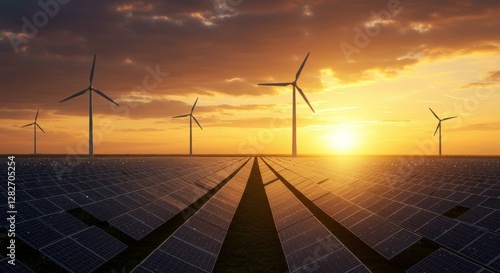 Renewable energy landscape solar panels and wind turbines embracing future power