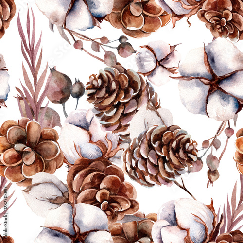 Seamless pattern. Composition of cotton, pine cones and dried flowers on white background. Hand drawn watercolor illustration. Isolate.