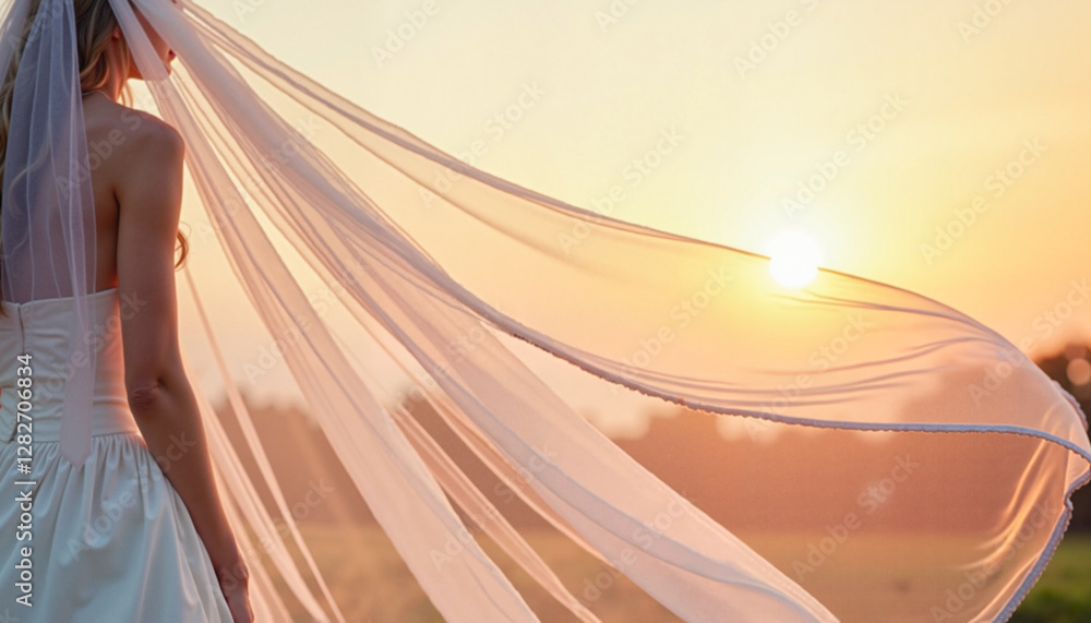 Bride Holding Wedding Veil Against the Sky