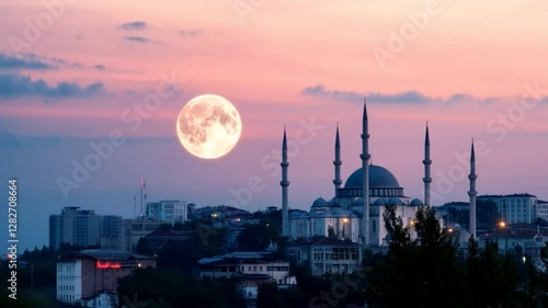 Full moon over mosque at sunset