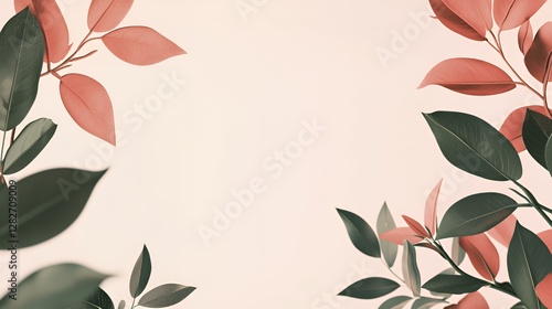 Pink and Green Leaves Frame on a Beige Background