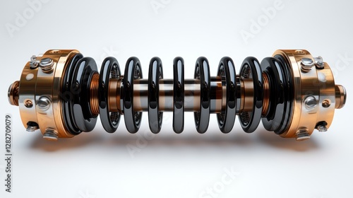 Close-up of a black and gold metallic shock absorber with coil springs and bearings on a white background.
